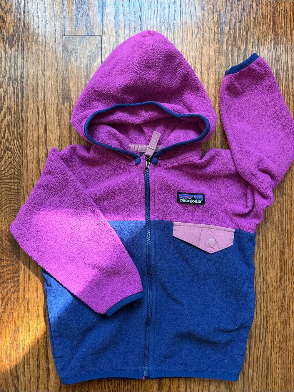 Patagonia Kids Two-Tone Pink & Navy Hooded Fleece Jacket